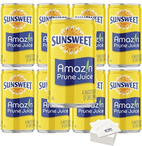 Sunsweet Prune Juice, 7.5oz Mini Cans, (Pack of 8) with Bay Area Marketplace napkins