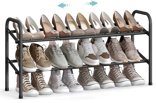 SONGMICS Schuhregal, Schuhständer, 2 Ebenen, Metallregal, verstellbar, Schuhe,Standregal, für Flur, Garderobe, Eingangsbereich, tintenschwarz LMR029B01