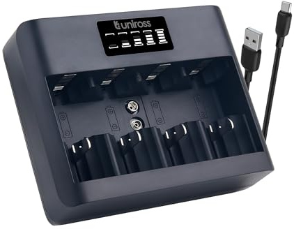 Uniross UCU008 – Chargeur Universel USB‑C pour Piles Rechargeables AA AAA C D 9V – Charge Indépendante, Protections Sécurité, Emballage Écologique sans Plastique, avec Câble USB‑C 50 cm Inclus