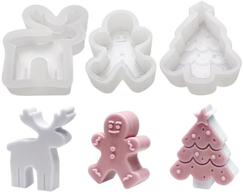 3 Stück，Weihnachtsbaum Kerzenform Lebkuchenmann Kerze Silikonform Elch Kerze Silikonform Aroma Kerzenform zum DIY für die Herstellung von Kerzen, Aromasteinen, Schokolade