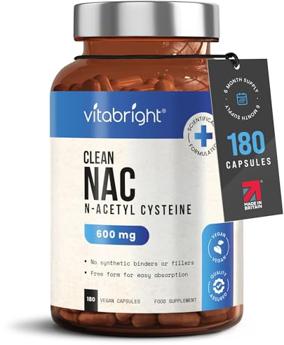 VitaBright NAC Supplement | 600mg | 180 Capsules | Acetylcysteine Nutritional Supplements | Swallow or Twist Open Capsules of Powder | Pure Clean NAC N-Acetyl-Cysteine 600mg Supplement