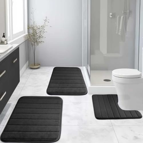 NAKIHOUSE Memory Foam Bath Mat Set, 3-Piece Non-Slip Bathroom Mat (Black, 40 * 60 + 50 * 50 + 50 * 80cm)