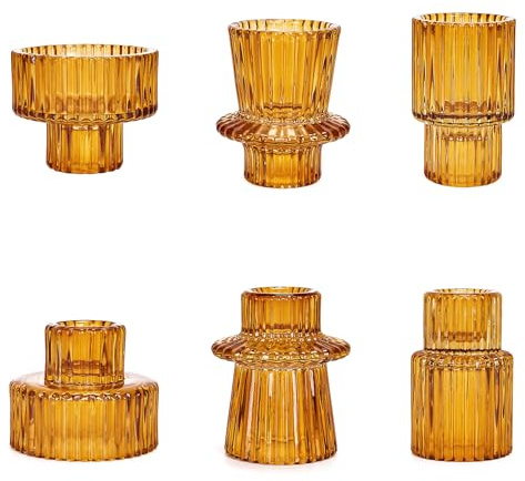 Toptime Candle Holders Set of 6, Glass Candlestick Holders Pinstripe Pattern, Reversible Tealight & Taper Candle Holders, Amber Crystal Tea Light Candle Holder for Wedding Dinner Party Festival