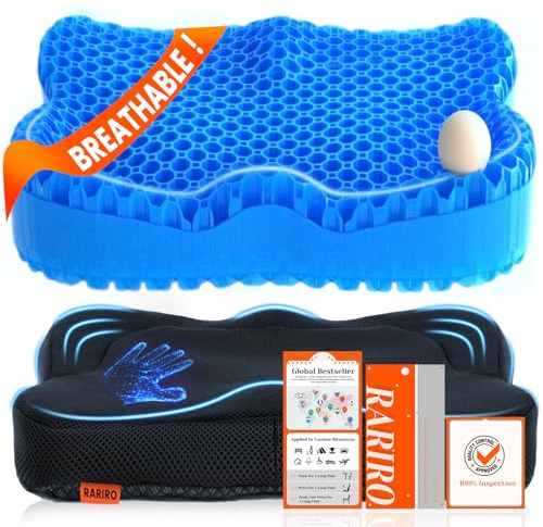 Gel Seat Cushion, Pressure Cushion 2025 Double-Structure Ergonomics Honeycomb Office Chair Soft Sitter Desk Chair Coccyx Sciatica Cushion for Long Sitting Kayak Wheelchair Car Seat Cushions Blue