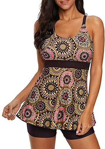 Tankini Sets for Women UK, Plus Size Swimwear for Women, Women's Tankinis, Tummy Control Swimming Costume with Shorts, Circles, L