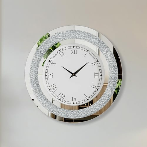 Artloge Orologio da Parete Rotondo Argento: 60cm Diamante Specchio Vetro Orologio Silenzioso Grande Orologio Muro per Cucina Soggiorno Salotto Decorazione