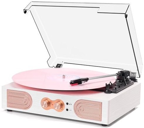 Vinyl Record Player with Built-in Speakers 3-Speed Vintage Record Player Support Treble& Bass Control, 3.5mm Headphone Jack, RCA-Out/Aux in, Belt-Driven LP Turntable,White Rose Gold