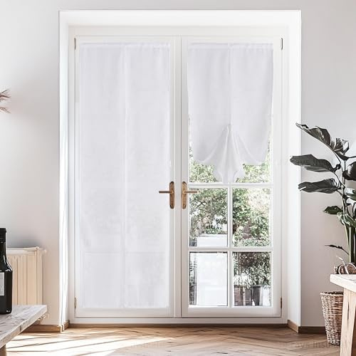 PONY DANCE Cortina Puerta Translucida con Adhesivas Magnético Visillos Cortina Efecto Lino Puertas de Cocina, Salón, Patio, Blanco, 2 Piezas
