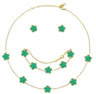 Hanaoops Conjunto de Joyas para Mujer con Trébol de Cuatro Hojas 18K Oro Plateado Acero Inoxidable Doble Cara Trébol de Cuatro Colgante Collar Pendientes Pulsera Juego de Joyas (Green)