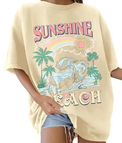 Lonya T-Shirt Oversize à col Rond pour Femme Tee Shirt à Manches Courtes Grande Taille Femme Sunshine Lettres Créatives Arc-en-Ciel Haut D'été Décontracté Coton Loose Streetwear Top