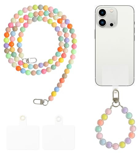 BORISCA Handykette Universal, 1 Handykette Perlen Bunt Lang + 1 Handykette Kurz Handgelenk, Handykette zum Umhängen Damen Perlenkette Handy mit 2 Klarem Einsätzen für die Meisten Smartphones