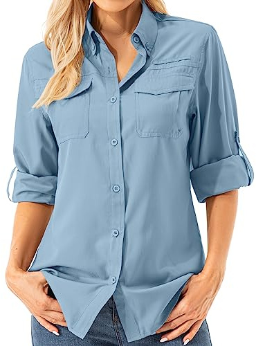Women’s Safari Shirts Sun Protection UPF 50+ Loog Sleeve Quick Dry Lightweight Fishing Hiking Casual Outdoor Shirts(Blue-m)