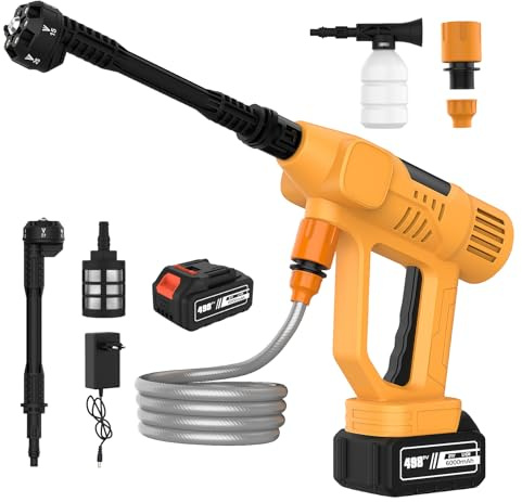 Hidrolimpiadora Bateria, 65 Bar Pistola de Agua a Presión con 1 x 6000mAh Batería, Boquilla 6 en 1, 10 Niveles de Presión, Manguera 5M, Pantalla Táctil LED, Hidrolimpiadora Portátil para Coche/Jardín