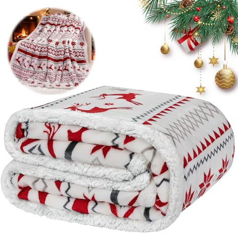 Fancysky Manta de Navidad para el Sofá, 152x127cm, Doble Capa, Suave Manta de Franela con Alces y Copos de Nieve, Adecuado para Decoraciones Navideñas, Regalos, Sofás, Siestas
