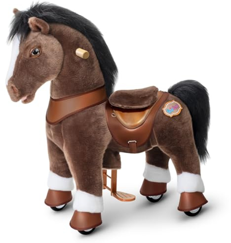 PonyCycle Modell Y ridhäst på hjul | chokladbrun | 4–7 år | med broms | Häst för ridning för barn, rörlig sadel för riktig löpning, tysta hjul och handbroms, inomhus och utomhus, storlek 4