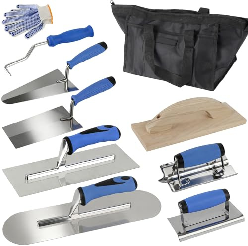 Lot de 9 truelles de maçon en acier inoxydable - Truelles de lissage des dents - Pour bois - Pour béton - Avec truelles de plâtre et perforateur - Outil de stucage pour béton