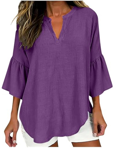 Camicia Donna in Lino Eleganti Estive Camicette Cotone Manica Corta Tinta Unita Bluse e Camicie Curvy Scollo a V Maglietta Loose T Shirt Oversize Leggera Abbigliamento Magliette alla Moda