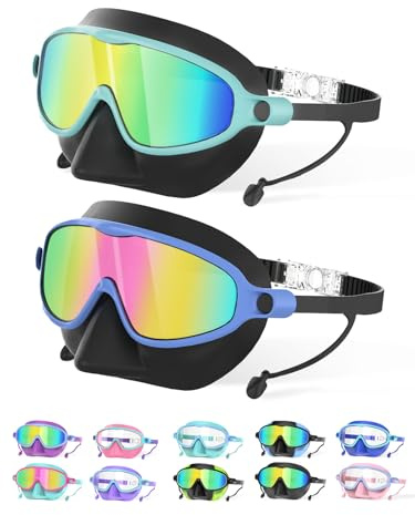 YLKJSWIM Kids Swim Goggles with Nose Cover for 3-12, 2 Pack Anti Fog/UV Swimming Goggles Mask for Boys Girls Toddler