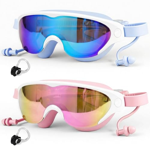 Zoomsnail 2 Pack swim goggles kids, childrens goggles Anti-Fog Waterproof, childrens swimming goggles Wide Vision UV Protection, Durable swimming googles for Boys & Girls Blue and Pink