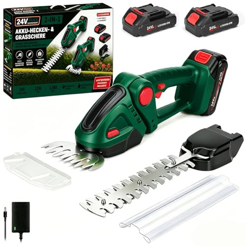 Akku Heckenschere, 21V Elektrische Grasschere, 2-in-1 Strauchschere & Rasenkantenschere mit 4,0Ah Akku, 23cm Heckenschermesser & 12cm Grasmesser, für Garten, Hecken, Büsche, Rasen (Grün)