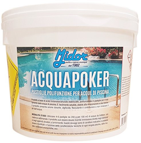 Cloro Pastiglie piscina Multifunzione 4 in 1, 10KG, Cloro, Alghicida, Flocculante e Correttore PH acqua piscine - ACQUAPOKER
