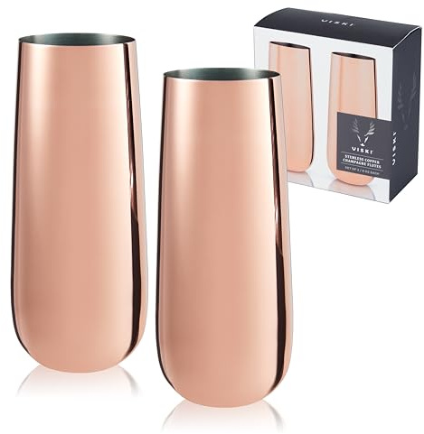 Viski Stemless Champagne Flutes, Stainless Steel Sparkling Wine Glasses for Prosecco, Sparkling Cocktails, Mimosas, Elegant Glassware for Wedding Gifts, Home Bar, 8 oz, Set of 2, Copper