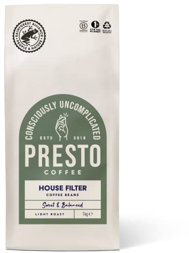 Presto Coffee House Filter Speciality Coffee Beans 1kg Medium Roast Tasting Notes Sweet Cocoa and Peanuts Rainforest Alliance Certified 50% Arabica / 50% Robusta