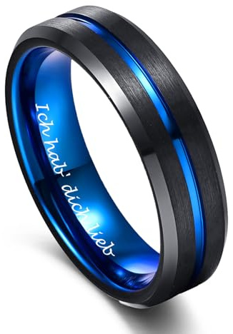 VAKKI 8mm Bague pour Homme Noir Brossé + Rainures Bleue Anneau en Carbure de Tungstène Alliance Bague de Fiançailles Taille 47 à 80