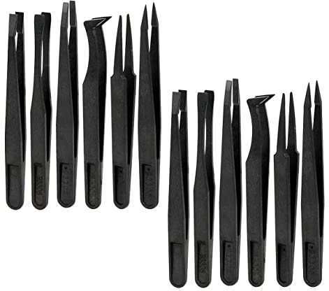 Set di 12 pinzette antistatiche in plastica per elettronica, gioielli fai da te, strumento di riparazione – curvo dritto gomito rotondo punta antistatica di precisione, nero