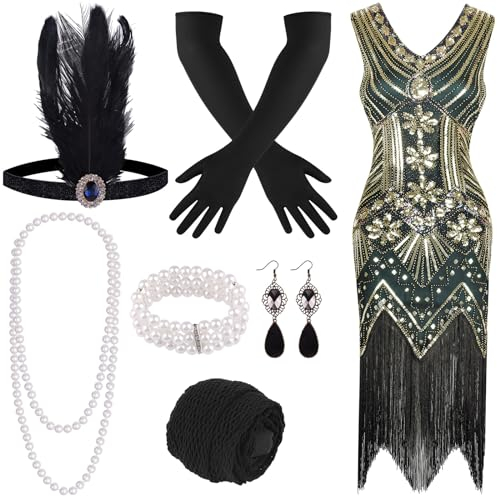 FEPITO Flapper-Kleider im Stil der 1920er Jahre für Damen, mit Fransen und Pailletten besetztes Great Gatsby-Kleid für Damen mit Accessoires im Stil der 20er Jahre(green（style 3）, Large)