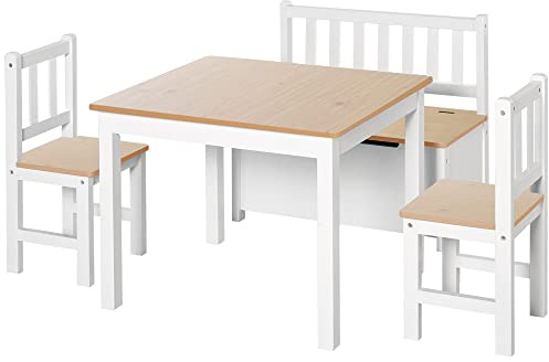 Qaba 4-Piece Kids Table Set with 2 Wooden Chairs, 1 Storage Bench, and Toddler Activity Table with Interesting Modern Design, Natural/White