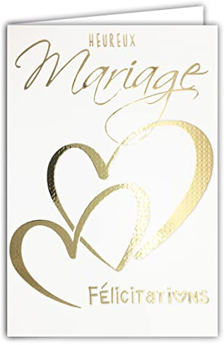 63-1154 Carte Heureux Mariage - Félicitations 2 Cœurs - Vœux d’Amour - Or Doré Brillant Scintillant Chic - Enveloppe Incluse - Fabriquée en France