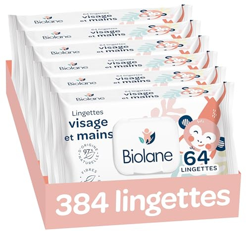 Biolane - Toallitas Cara y Manos Bebé, 384 Toallitas (6 Paquetes de 64 Unidades), 97% Ingredientes Naturales, Con Tapa, Sin plástico, Limpian e Hidratan, Bebés y recién nacidos, Fabricadas en España