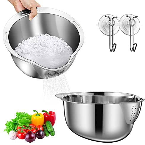 2-Teiliges Edelstahl Sieb und Rührschüssel Set, Rührschüssel Edelstahl Nudelsieb Reis Waschschüssel Multifunktional Reiswaschsieb Metallschüssel Wasch-und Entwässerungskorb für Reis (Silber)