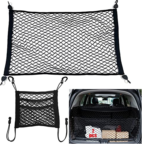 Naturezhen Red Maletero de Coche, Incluir 1 Almacenamiento Red se Extiende hasta 150x120CM y 1 con 3 Capas de Almacenamiento para Asiento de Coche 29 x 27 CM, 4 Mosquetones, Organizador Malla