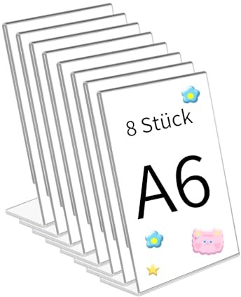 8 Stück A6 Aufsteller L Ständer A6 Tischaufsteller schräg, Thekenaufsteller Werbeaufsteller Menükartenhalter aus glasklarem Acrylglas perfekt für Zuhause, Büro, Geschäft, Restaurant(10,8 x 15,3 cm)