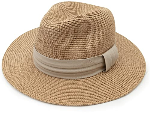 DRESHOW Damen Panama Hut Fedora Strand Sonnenhut Breiter Rand Stroh Aufrollen Hut UPF 50+, Kopfumfang ca. 56–58 cm (22–23 Zoll)