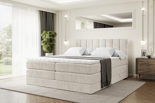 ALTDECOR Boxspringbett mit Matratze und Lattenrost, Topper, Polsterbett mit Bettkasten, Bett mit Stauraum H3- und H4- Matratze, Doppelbett, Springboxbett - OTTA King - 180x200 - Beige Samt