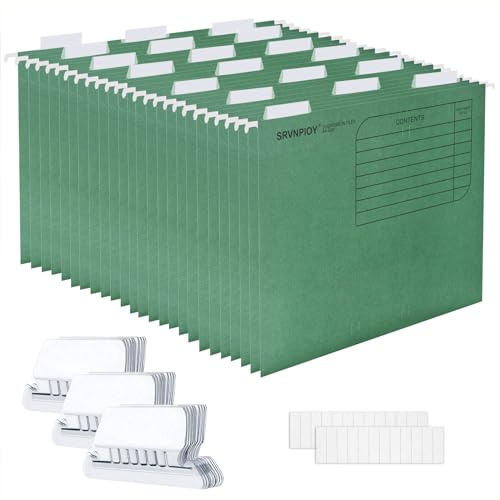 Srvnpioy Carpetas Colgantes A4, 25Pcs, Verde, con Pestañas e Inserciones de Tarjetas para Archivadores, Hecho de papel cartón, para Escuela, Hogar, Trabajo, Oficina