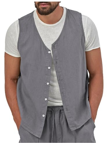 Caxndycing Herren Sommer Leinenweste Anzug Weste V-Auschnitt Ärmellose Vintage Elegant Weste Sommer Slim Fit Weste Leinen V Ausschnitt Anzug Weste für Hochzeit und Party