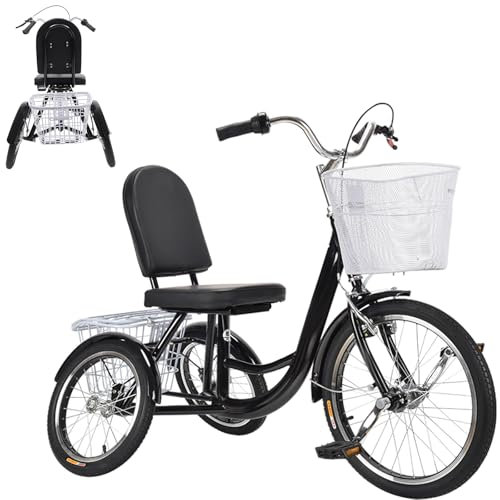 RUETERY Dreirad für Erwachsene, 3 Rad Fahrrad für Erwachsene, Anti-Rollover-Dreirad, Höhenverstellbar, Tragfähigkeit 150kg, mit 2 Einkaufskorb, Einkaufsfahrten für Senioren, Schwarz