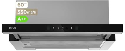 EVVO Campana Extractora 60 cm Telescópica, Potencia 550 m³/h, Luz LED, Filtro Aluminio y Carbon, Control Gestual, Acabado Inox Frontal Cristal Negro, Eficiencia Energética A++, 3 Velocidades