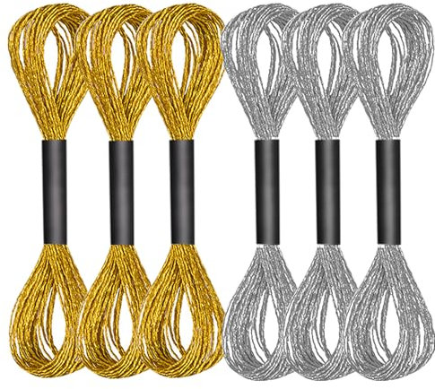 BUOKSLLY 6 Stück Sticktwist Kreuzstichfäden, 8m Stickgarn Gold Metallic, Metallische Stickgarne, Goldenes und Silbernes Metallisches Garn, Kreuzstich Set Goldfarbe für Bastelarbeiten (Gold, Silber)