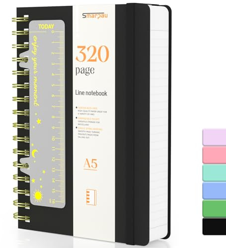 Smarpau Lined Notebook 320 Pages, A5 Spiral Notebooks for Daily Writing with 100gsm Thick Paper, College Ruled Notebook for Women Men Note Taking School Office, 14.5 x 21cm, Black