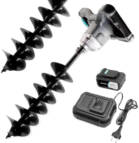 ONEVAN ahoyadora a batería, 40V barrena para Tierra sin escobillas con 2 baterías de 4000 mAh, Profundidad de perforación 80 cm, diámetro del Taladro 150 mm, barrena Tierra eléctrico inalámbrico