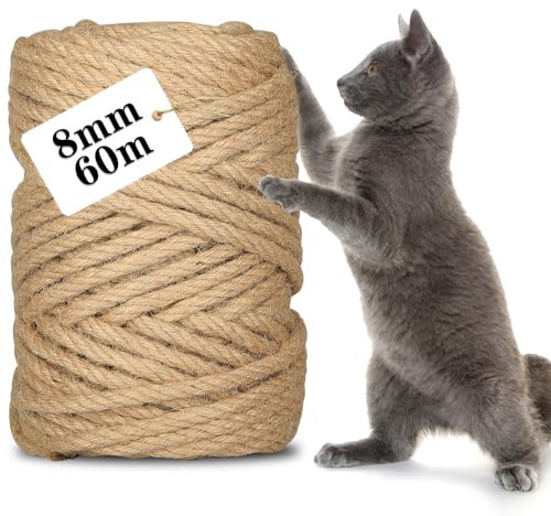 CIOXSOIO Corde en Sisal pour Arbre à Chat de 8mm x 60m, Corde en Chanvre Naturel pour Chat Scratch Pilier, DIY Décoration de Jardin et Maison, Réparation et Remplacement