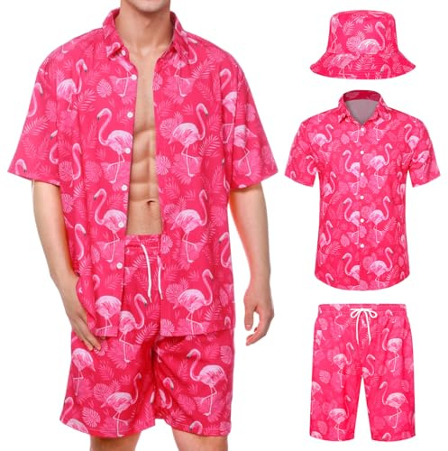 Joyesplay Camicia hawaiana da uomo a maniche corte fenicottero, Colore: rosa., XL