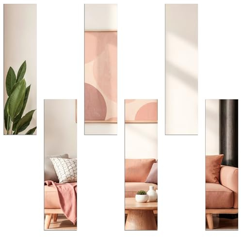 DRERIO 6 Pcs Self-Adhesive Mirrors HD Striped Acrylic Mirror 40 * 10cm * 2.5 mm, Small Wall Mirrors Tiles Flexible Plastic, Rectangular Wall-Mounted Mirror Non-Glass for Bathroom, Bedroom, Door etc