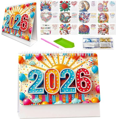 Diamond Art Painting Desk Calendar 2026 Monthly Flip Tabletop Calendar Kit, DIY 5D Festival Diamond Art Painting Calendar for Home Office Planning Desktop Ornament DIY Craft Gift