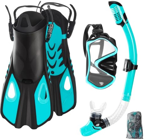Snorkel Set Adults with Flippers, Snorkel Mask with Adjustable Open-Heel Swim Fins, Snorkeling Packages with Carrying Bag for Beginners and Snorkelers for Pool, Beach & Travel